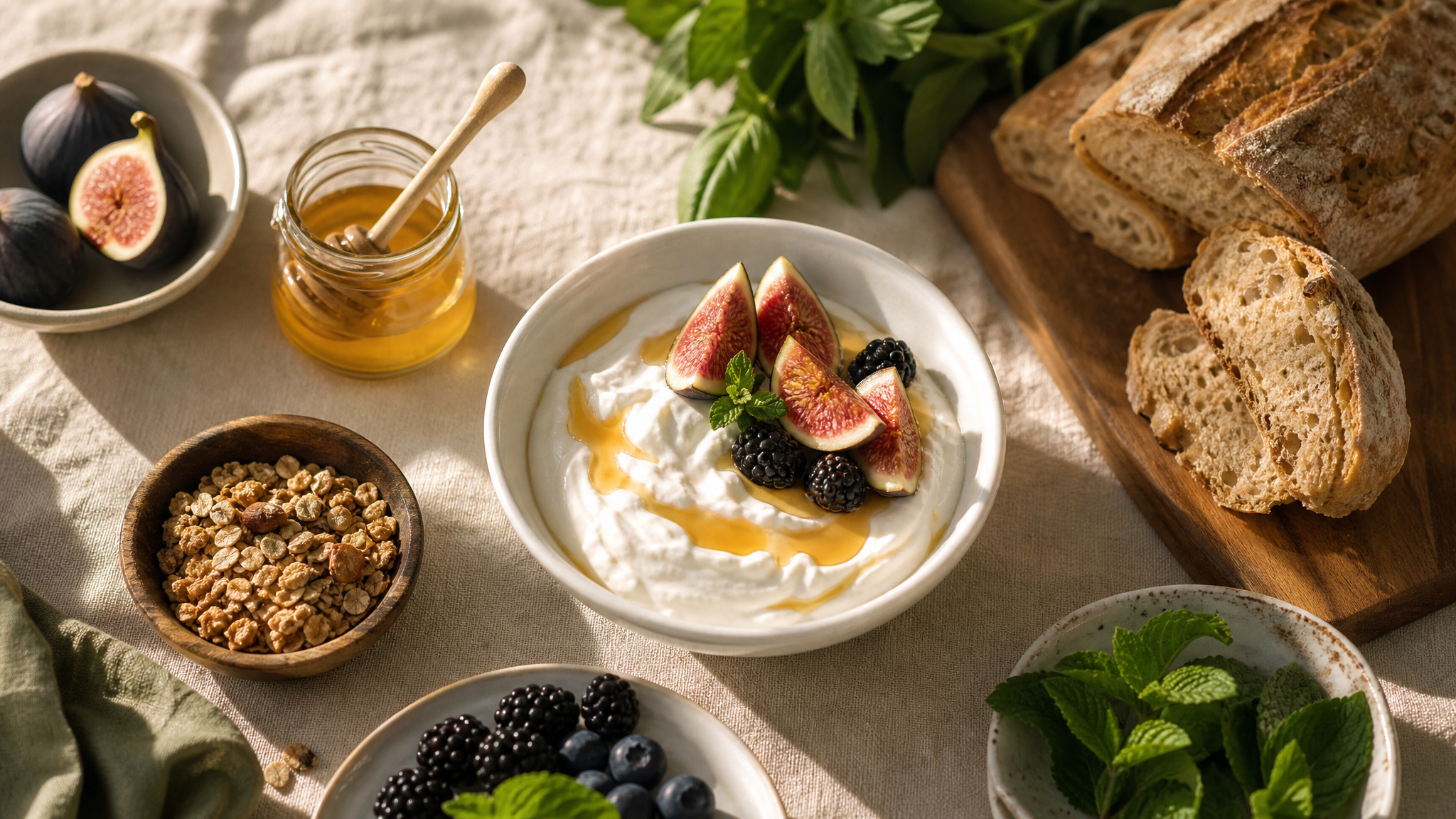 Tavola con cibi sani e naturali in stile mediterraneo